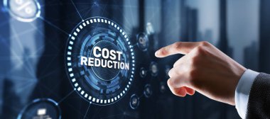 Cost reduction business finance concept. Businessman clicks virtual screen.