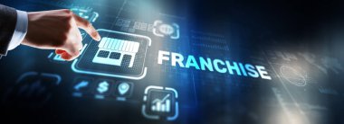 İşadamı el ele tutuşuyor. Yazıt bayiliği pazarlama sistemi..