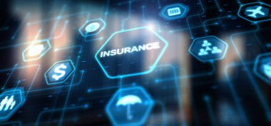 Sigorta 2024 konsepti, İş Teknolojisi. Sanal ekranda simge.