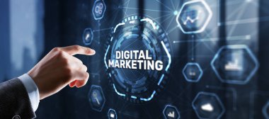 Dijital online pazarlama. Modern arayüz simgelerinde analiz satışı veri grafiği büyümesi.