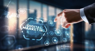 Dijital online pazarlama. Modern arayüz simgelerinde analiz satışı veri grafiği büyümesi.