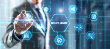Businessman clicks Compliance Rules Law Business Technology concept.