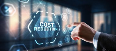 Cost reduction business finance concept. Businessman clicks virtual screen.