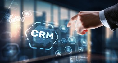 CRM Müşteri İlişkileri Yönetimi. İş adamı tıkırtısı. Business Internet Teknoloji Konsepti.