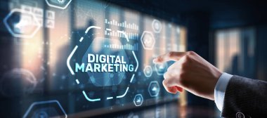 Dijital online pazarlama. Modern arayüz simgelerinde analiz satışı veri grafiği büyümesi.