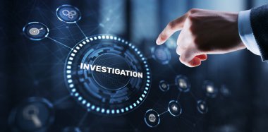 Investigation Business concept. Man presses investigations button on a virtual screen.