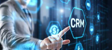 CRM Müşteri İlişkileri Yönetimi. İş adamı tıkırtısı. Business Internet Teknoloji Konsepti.