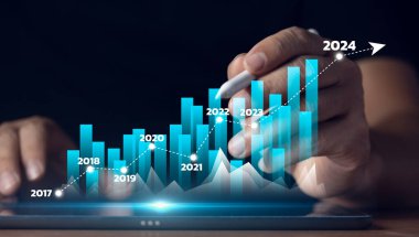 2024 'te şirket ilerlemesi ve büyümesiyle kolon grafiği. İşadamı uzun vadeli yatırımlar için finansal verileri hesaplıyor. İş büyüme planı.