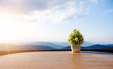 Klasik efekt ürünlerini sunmak için masa alanı ve dağ zeminine sahip güzel çiçek vazoları.