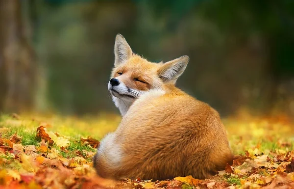 Fox sleeping curled up on autumn leaves