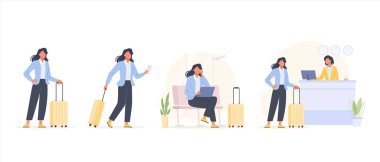 İş kadını iş seyahati seti yapıyor. Kadın karakter bavul ve biletlerle yürüyor, dizüstü bilgisayarda çalışıyor, havaalanında telefonla konuşuyor, otele varıyor. Düz vektör illüstrasyonu