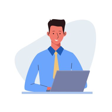 Masaüstünde dizüstü bilgisayarla çalışan bir adam. Bilgisayar kullanan erkek karakter. Şirket çalışanı, internetten öğrenen gençler. Serbest çalışan ya da ofis çalışanı. Düz biçimli vektör illüstrasyonu