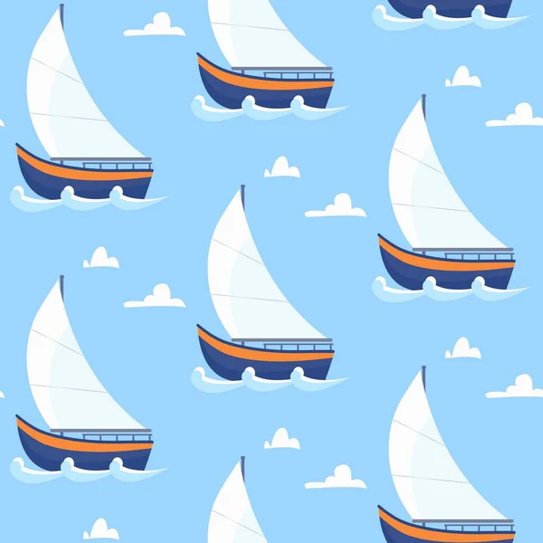 Çizgi Filmli Kusursuz Desenli Yelkenli Tekneler Dalgalarda Bulutlar Mavi Arka — Stok Vektör