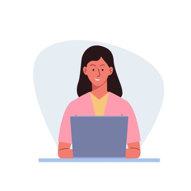 Masaüstünde dizüstü bilgisayarla çalışan bir kadın. Bilgisayar kullanan kadın karakter. Şirket çalışanları, internetten öğrenen gençler. Serbest çalışan ya da ofis çalışanı. Düz biçimli vektör illüstrasyonu