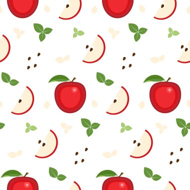Kırmızı elmaların kusursuz deseni ve beyaz yapraklar. Yaz kapağı için meyve vektörü arkaplan dokusu, tropikal duvar kağıdı
