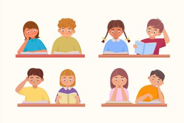 Children sitting at the school desk and reading books. Set of reading kids girls and boys in cartoon style. Happy children study together and do homework. Vector character illustration