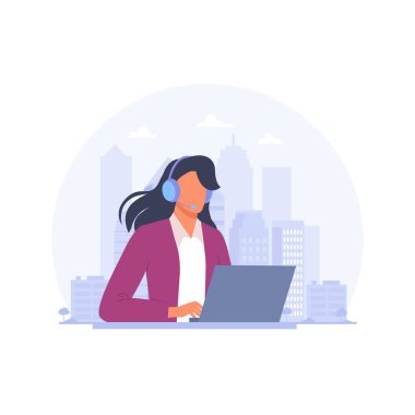 Customer service. Woman with headphones and microphone with a laptop on the city background. Concept illustration for hotline operator support and call center. Vector illustration in flat style