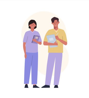 Nurses doctor team in uniform takes notes in notebook. Medical characters write patients complaints and treatment method. Vector illustration in cartoon flat style