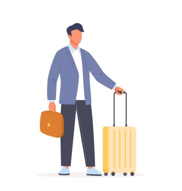 Elinde bavul, elinde evrak çantası olan bir adam. İş adamları iş seyahati yapıyor. İş seyahatinde bavullu bir kadın karakter. Düz vektör illüstrasyonu