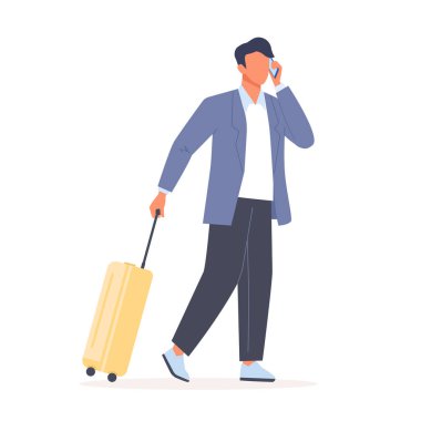 Man in business travel with a luggage. Male character walks with suitcase and talks on the phone. Business trip concept. Flat vector illustration clipart