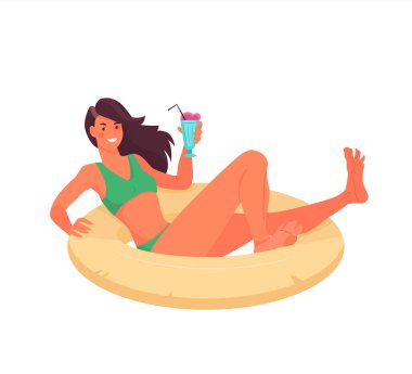 Lastik halkada yüzen kadın karakter. Elinde şişme yüzük ve kokteyl bardağıyla mutlu bir kız. Bikinili kız. Yaz tatili ve deniz gezisi, plaj aktiviteleri.