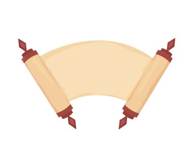 Karikatür eski kağıt tomarı. Ahşap saplı klasik rulo. Beyaz arka planda izole edilmiş antika el yazmalarını aç. Vektör illüstrasyonu