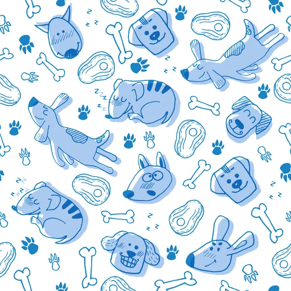 Çizimi Köpekleri Pençe Izleri Kemikleri Olan Komik Mavi Pürüzsüz Bir — Stok Vektör