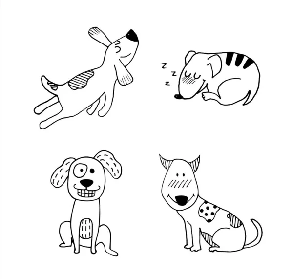 有趣的狗涂鸦设置 手绘不同姿势的素描风格可爱的狗 被白色背景隔离的宠物动物 — 图库矢量图片