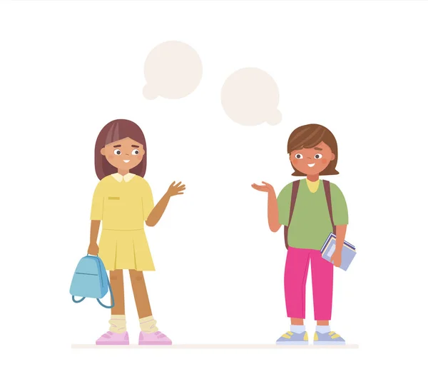 Glückliche Süße Mädchen Die Miteinander Reden Schulfreunde Kommen Ins Gespräch — Stockvektor