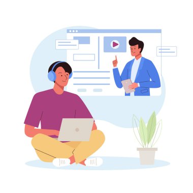 Kulaklıklı bir öğrenci dizüstü bilgisayarla çalışıyor ve öğretmenini dinliyor. Webinar eğitimi, video konferansı ya da konferans yoluyla e-öğrenme, online uzaklık eğitimi kavramı. Düz vektör illüstrasyonu