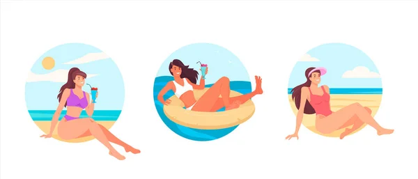Set Beautiful Girls Bikini Relaxing Sunbathe Beach Young Women Floating — Stock Vector