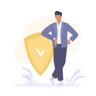 Güvenlik ve savunma işaretleriyle korunan bir iş adamı. Sigorta, veri tabanı, sağlık ve yaşam koruma kavramı. Düz vektör çizimi beyaz arkaplanda izole edildi