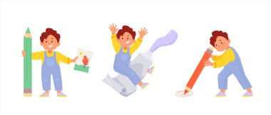 Çocuk sanatı ve tasarım okulu konsepti. Sanatçı çocuk yere büyük bir kalemle karalamalar çiziyor, bir boya tüpünün üzerine oturuyor ve elinde bir resim tutuyor. Komik çizgi film çocuk karakter seti