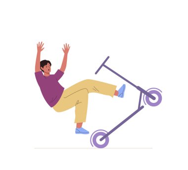 Adam yolda kaza üstüne kasksız olarak elektrikli scooter 'dan düşmüş. Sağlık riski. Çizgi film düz biçim izole vektör kavramı