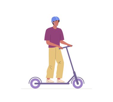 Miğferli genç adam elektrikli scooter kullanıyor. Çevre aracını süren gülen adam binici. Spor açık hava aktivitesi. Düz vektör çizimi beyaz arkaplanda izole edildi