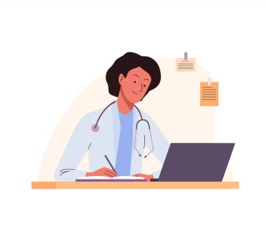 Kadın doktor ofiste dizüstü bilgisayarla çalışıyor ve hastaya reçete yazıyor. Steteskoplu, tıp üniformalı bir kadın doktor. Düz vektör illüstrasyonu