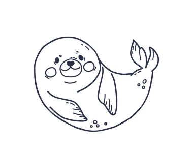 Karalama tarzında şirin fok balığı. El çizimi deniz hayvanı çizimi. Çocuk çıkartmaları, kartpostallar ve boyama kitabı için beyaz arkaplanda vektör illüstrasyonu izole edildi
