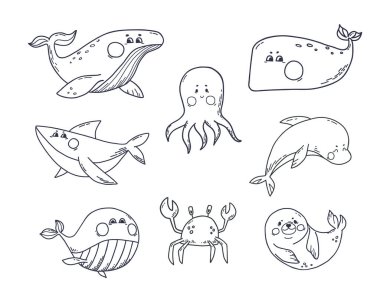Okyanus hayvanları karalama tarzında dizilmiş. Sualtı memelileri farklı tür balinalar, köpekbalığı, yunus, ahtapot, yengeç. Çocuk çıkartmaları, kartpostallar ve boyama kitabı için beyaz arkaplanda vektör illüstrasyonu izole edildi