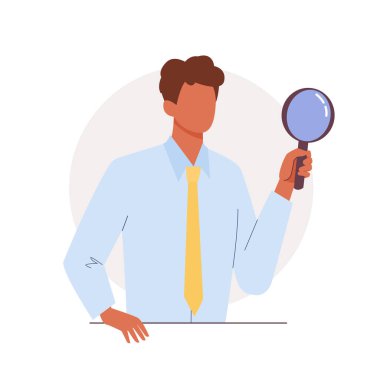 Elinde büyüteç tutan genç adam yeni iş ekipleri arıyor. Fikirler, fırsatlar, çalışanlar ya da strateji. Düz çizgi film izole vektör çizimi