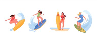 Sörf tahtası süren genç kadınlar. Aktif kadın karakterler yaz tatillerinde mayo giyip okyanus dalgalarında sörf yapıyorlar. Spor eğlencesi, deniz eğlencesi hobisi. Beyaz arkaplanda düz vektör çizimleri