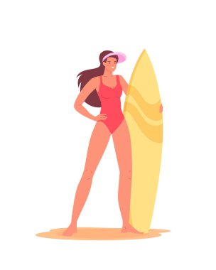Sörf tahtası olan gülümseyen genç bir kız. Yaz tatilinde mayo giyen aktif bir kadın karakter, deniz eğlencesi hobisi. Beyaz arkaplanda düz vektör çizimleri