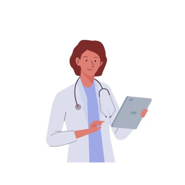 Steteskoplu, tabletli pratisyen doktor kadın. Tıbbi konsültasyon ve teşhis. Hastane tıp bürosundaki işyerinde. Vektör düz çizgi film illüstrasyonu