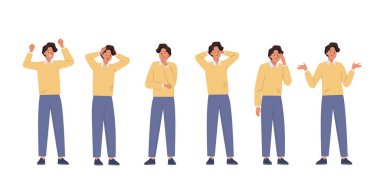 Young Man feel different negative and positive emotions. Various male gestures and poses Set. Successful, happy, crisis, unsure, fail, professional stress. Flat cartoon isolated vector illustration