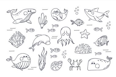 Okyanus canlıları el çizimi seti. Komik sualtı memelileri farklı tür balinalar, köpekbalığı, fok, yunus, ahtapot, yengeç ve balıklar. İzole edilmiş beyaz arkaplanda vektör illüstrasyonu