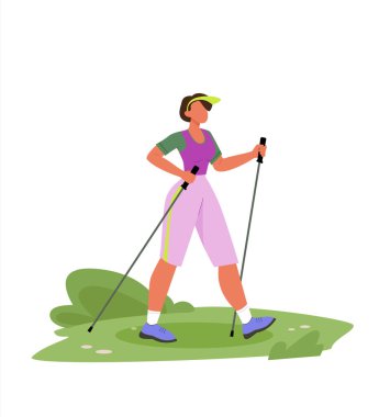 Kuzeyli yürüyüşü. Parkta sopa eğitimi alan genç bir kadın. Spor, açık hava aktivitesi, sağlıklı yaşam tarzı. Düz vektör çizimi beyaz arkaplanda izole edildi