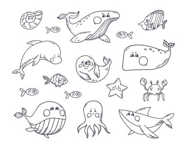 Okyanus hayvanları karalama tarzında dizilmiş. Su altı memelileri farklı tür balinalar, köpekbalığı, fok, yunus, ahtapot, yengeç. Çocuk çıkartmaları ve boyama kitabı için beyaz arkaplanda vektör illüstrasyonu izole edildi