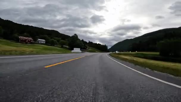First Person View Nordic Two Lane Road Forest Mountains — Video Stock