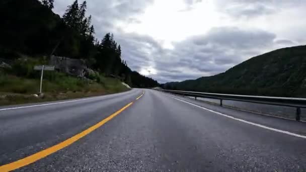 First Person View Nordic Two Lane Road Forest Mountains — Stockvideo