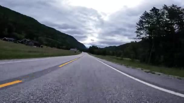 First Person View Nordic Two Lane Road Forest Mountains — Vídeos de Stock