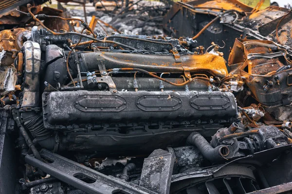 stock image War in Ukraine, destroyed tank, burnt tank engine